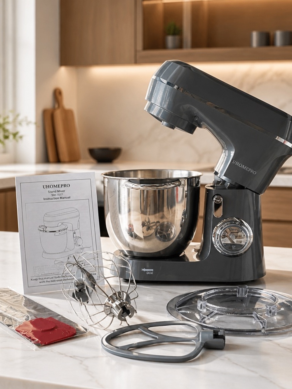 UHOMEPRO 1800W 7.5QT Tilt-Head Stand Mixer 10-Speed Gray w/ 2 Bowls
